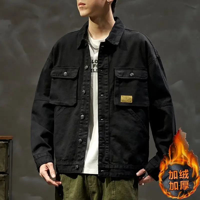 High end work jacket, men's spring and autumn trendy brand, loose American retro lapel jacket, casual and handsome denim jacket
