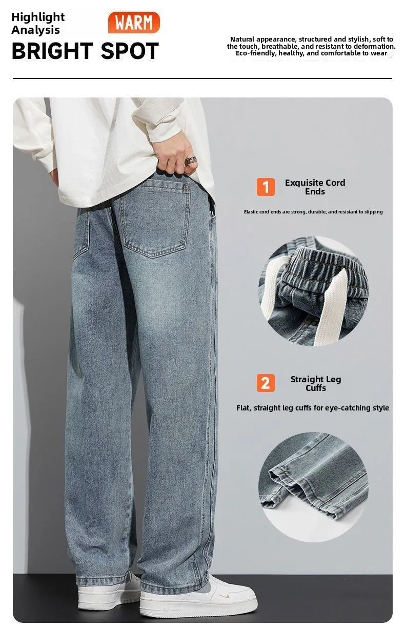 Retro American Wide Leg Men's Jeans Thiened Fce Lined Loose Fit Autumn Winter Wear Resistant Long Trousers Casual Cotton...