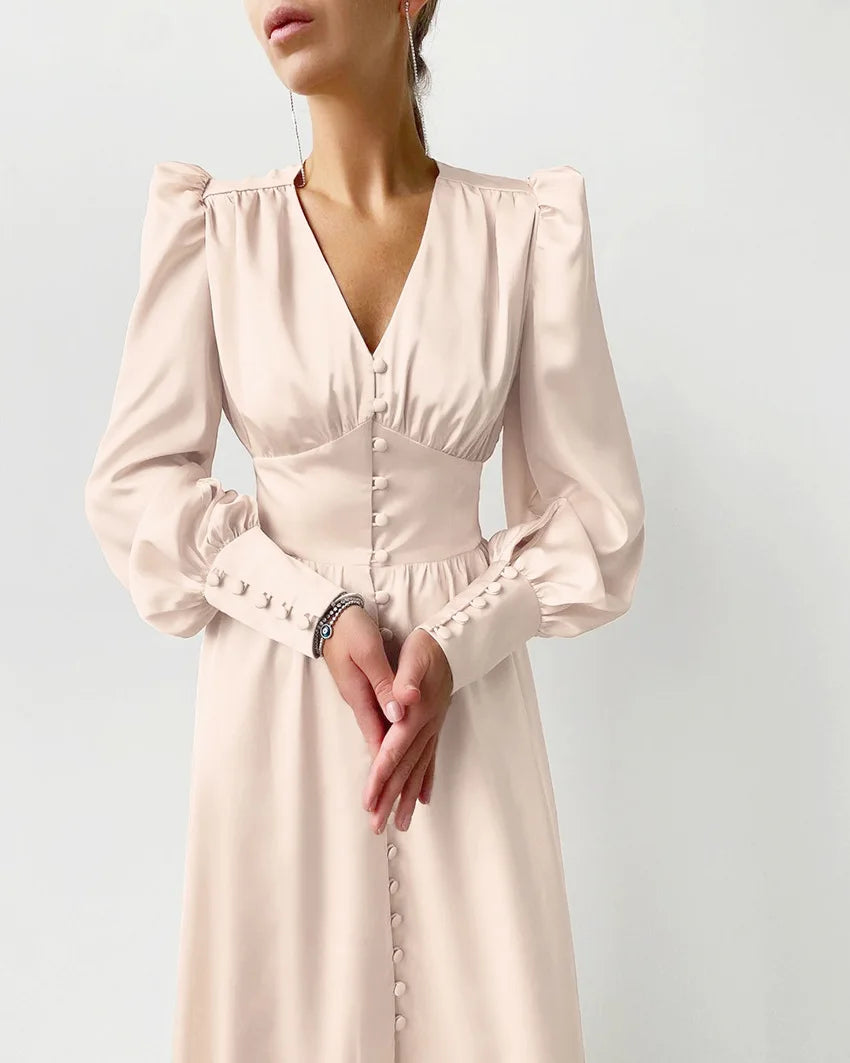 Autumn and Winter Women's Long Dress V-neck Satin Waist Retro Dresses for Women