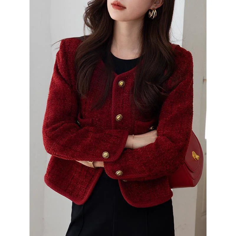 Wine red Coat Women Xiaoxiangfeng Jacket  Autumn and Winter New Short Jackets Elegant Women's Top