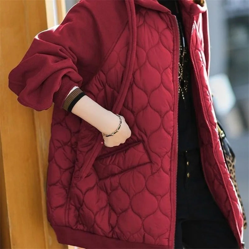 Autumn/Winter Jacket Women Hooded Splice Down Cotton Coat 2023 European Station Large Size Loose Cotton Jacket Female Outerwear