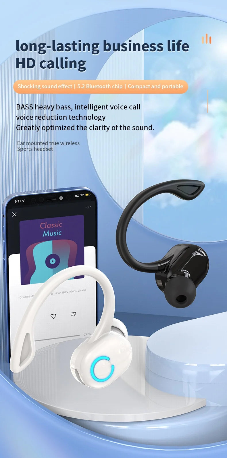 Bluetooth 5.2 Business Wireless Headphone Ear-Hook Mini HIFI Bass Noise Cancelling Earphone With Mic Sport Game Headset