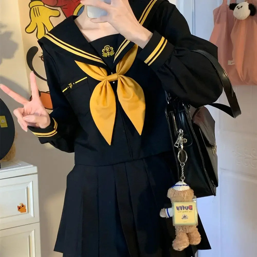 Japanese School Uniform Girls Plus Size Jk Suit Role Play High School Yellow Tie Black Basic Sailor Suit Female Long Sleeve Suit