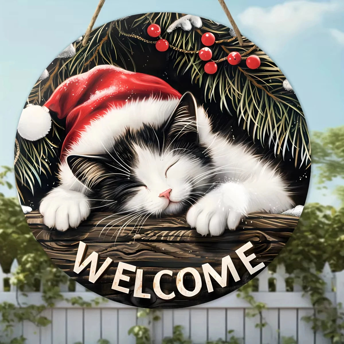 Christmas Welcome Sign Wooden Round Hanging Decoration with Sleeping Cat Design, Perfect for Wreath New Ye wall Accents