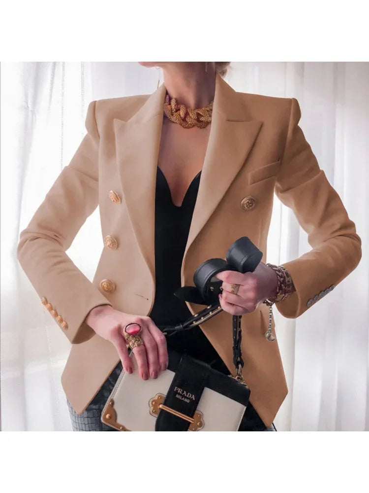 women suits jacket Women's Notched Lapel Double Breasted Blazer Suit Long Sleeve Buttons Casual Work Office Jacket Blazers