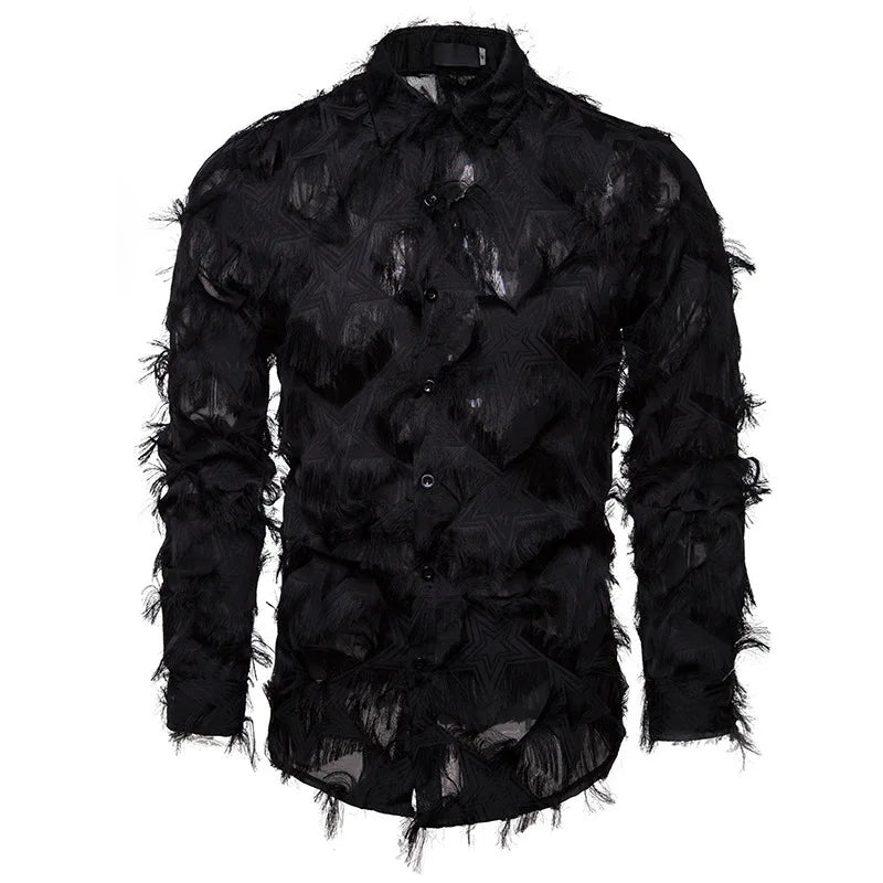 Shirts Men Party Feather Shirt Turn Down Collar Full Sleeve Single Breasted Splice Regular Solid Prom Tops Spring Summer