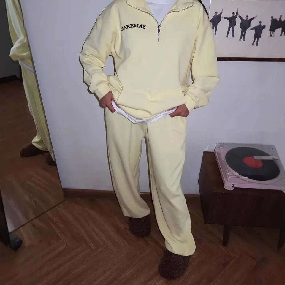 Fashionable Women's Sports Suit, Solid Color Loose Lapel, Long-sleeved Top, Straight-leg Pants, 2025 Women's Casual Sports Suit