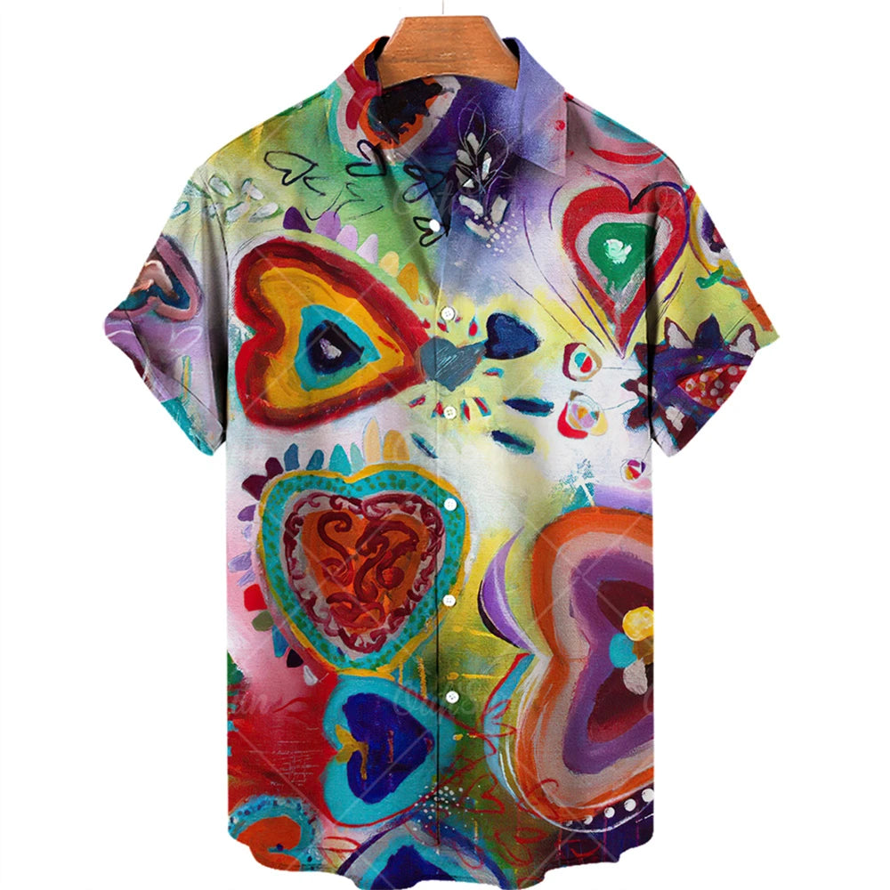 Hawaiian men's shirts, breathable, loose, with graffiti patterns of love, a popular trend in Europe and the United States cheap