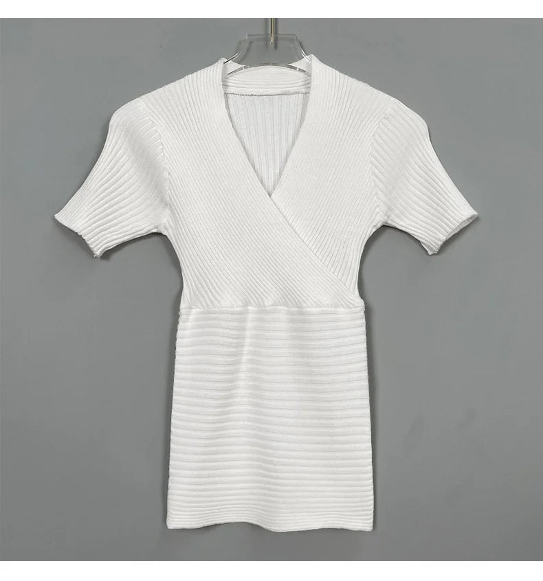 WOMENGAGA Korea Sexy V-neck High Waist Large Chest Tight Thin Knit Short Sleeve T-shirt Women's Hot Sexy Korean Women Tees 5INW