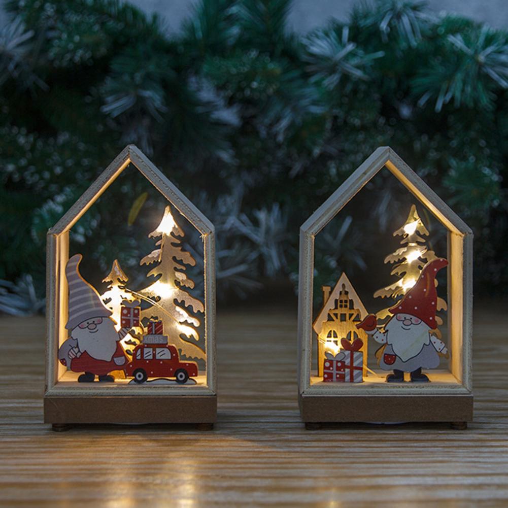 Christmas Ornaments Xmas LED Wooden House Glowing Santa Claus Wooden House Ornament For Party Home Desktop Decor