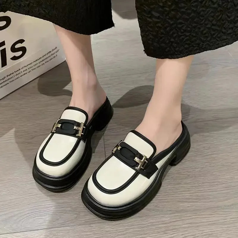 2025 New Shoes French Thick Sole Half Support Loafers Casual Women's Single Shoes British Style Small Leather Shoes