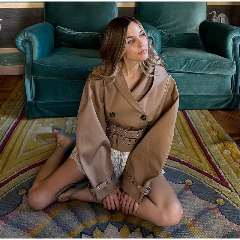 Women's Jacket Chic Double Belt Hooded Full Sleeve Button Female Female Jackets 2025 Autumn Fashion High Street Lady Outwears