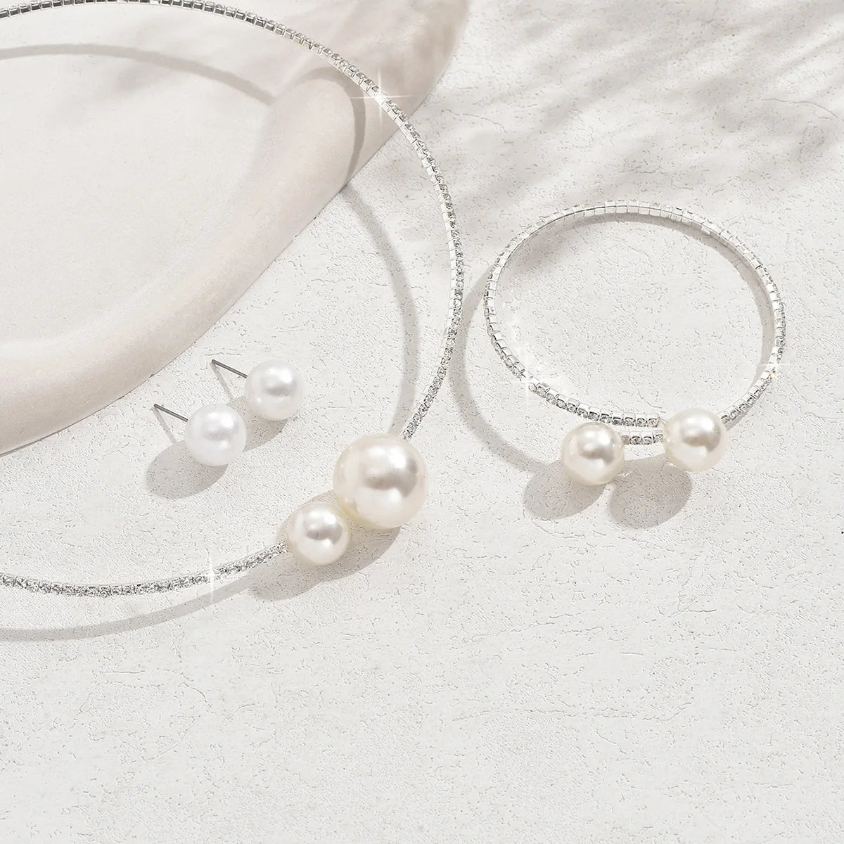 Fashionable Classic Wedding Party Jewelry Sets for Women Pearl Rhinestones Choker Necklace Earrings Bracelet Jewelry Sets