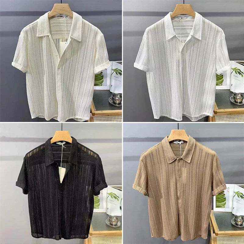 Men's Tops Hollow Short-sleeve Shirt Men Summer Thin Trendy Handsome French Light Luxury Drape Hawaiian Shirts