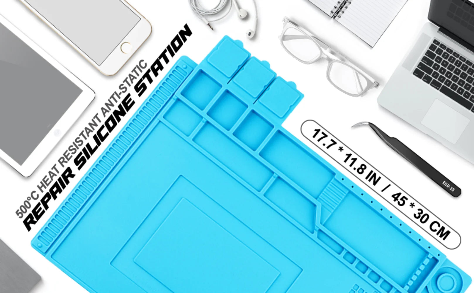 Soldering Station Mat Silicone Work Mat Heat Resistant 932°F Anti-Static Magnetic Mat for Electronic Phone Laptop Watch Repair