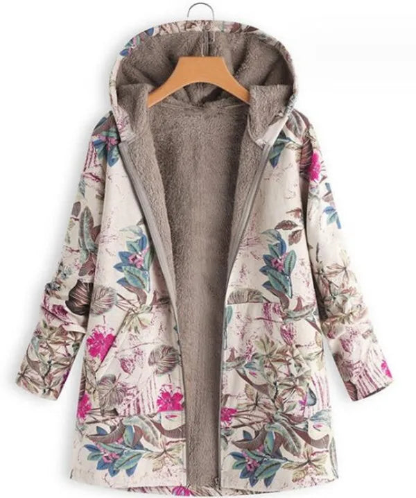 New Women Winter Warm Floral Hooded Jacket Flower Print Hoody Vintage Oversized Coats Winter Padded Jacket Women Parkas