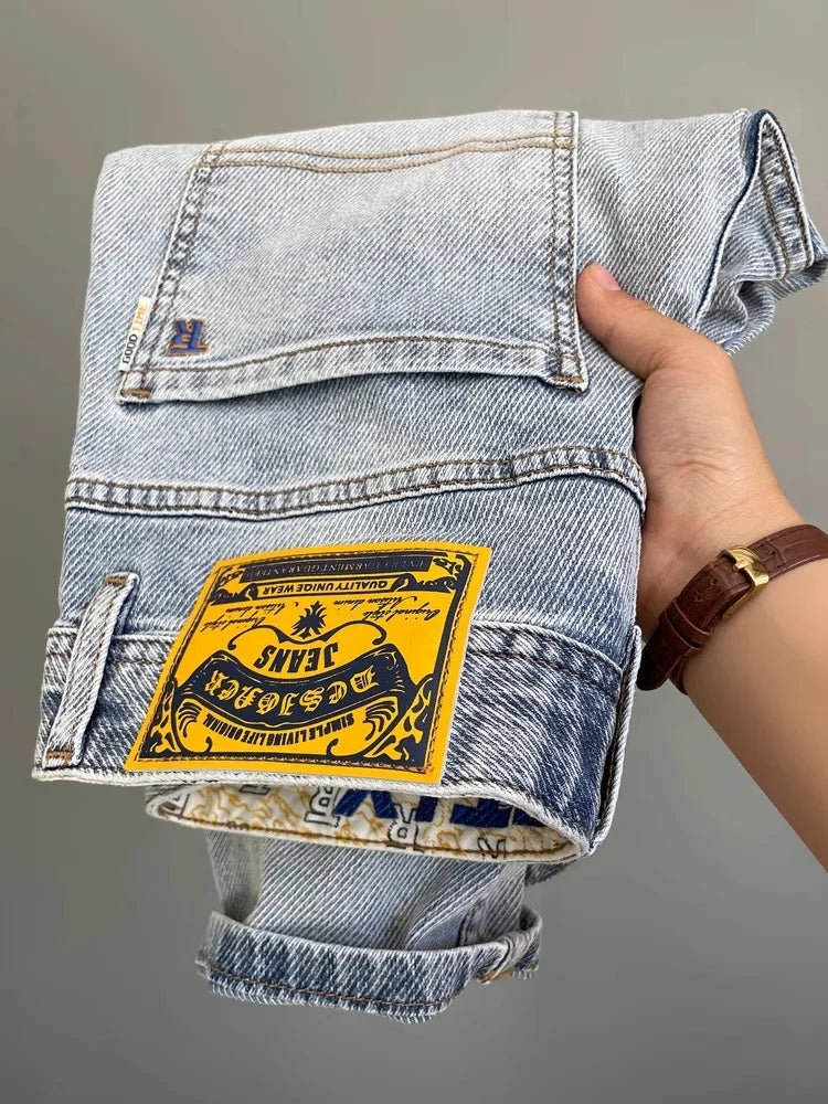 Light Blue Embroidered Jeans Men's Summer Slim Fit Nine-Piece Waed Casual Pants Breathable Straight Leg Jeans Youth Trend