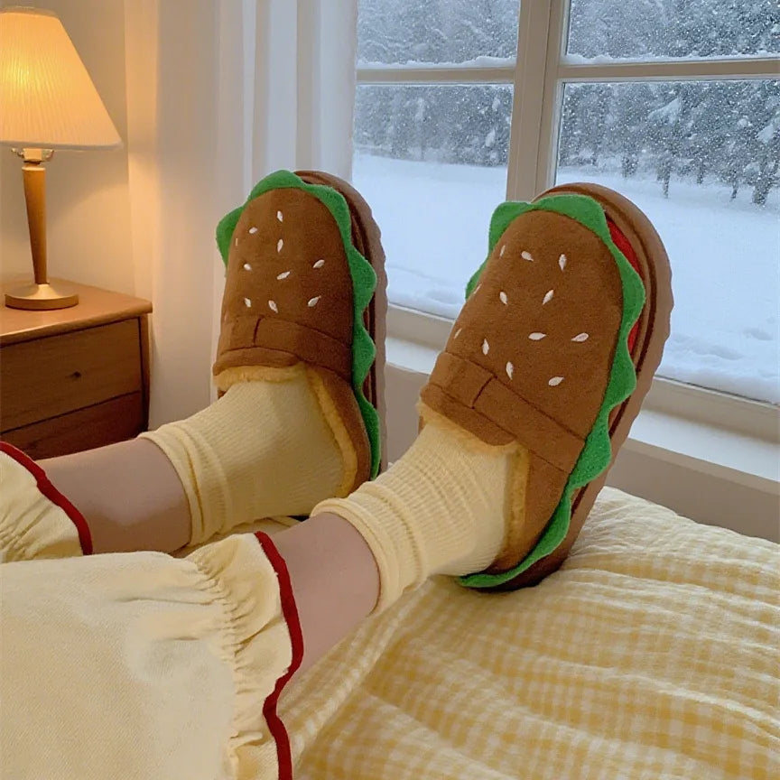 Women's Home Slippers Winter Warm Fuzzy Hamburger Slippers Funny Cute Indoor Rug Flat-Soled Home Shoes Plush Home Slippers