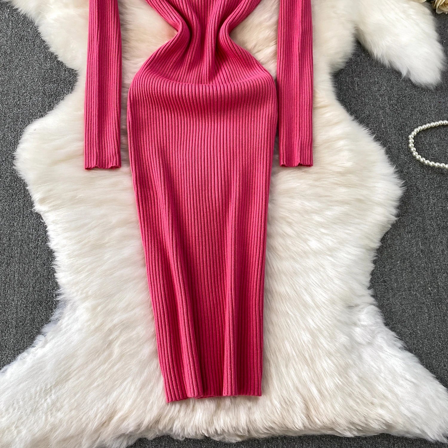 Women Winter Turtleneck Knittign Dress Stretch Slim Long Sleeve Soft Knitwear Dresses Female Casual Lining Simple Bottom Vestido