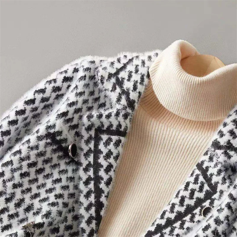 Jackets Women's Autumn Winter 2025 New Small Fragrance Short Coat Female Style Vintage Houndstooth Knitted Cardigan Outwear Tops