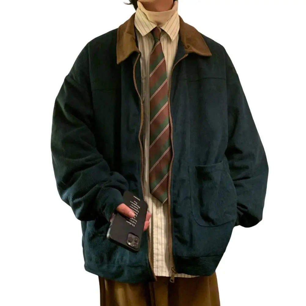 Men Jacket Stylish Men's Corduroy Patchwork Jacket with Full Zipper Placket Lapel Coat Outwear for Fall Winter Corduroy Outwear