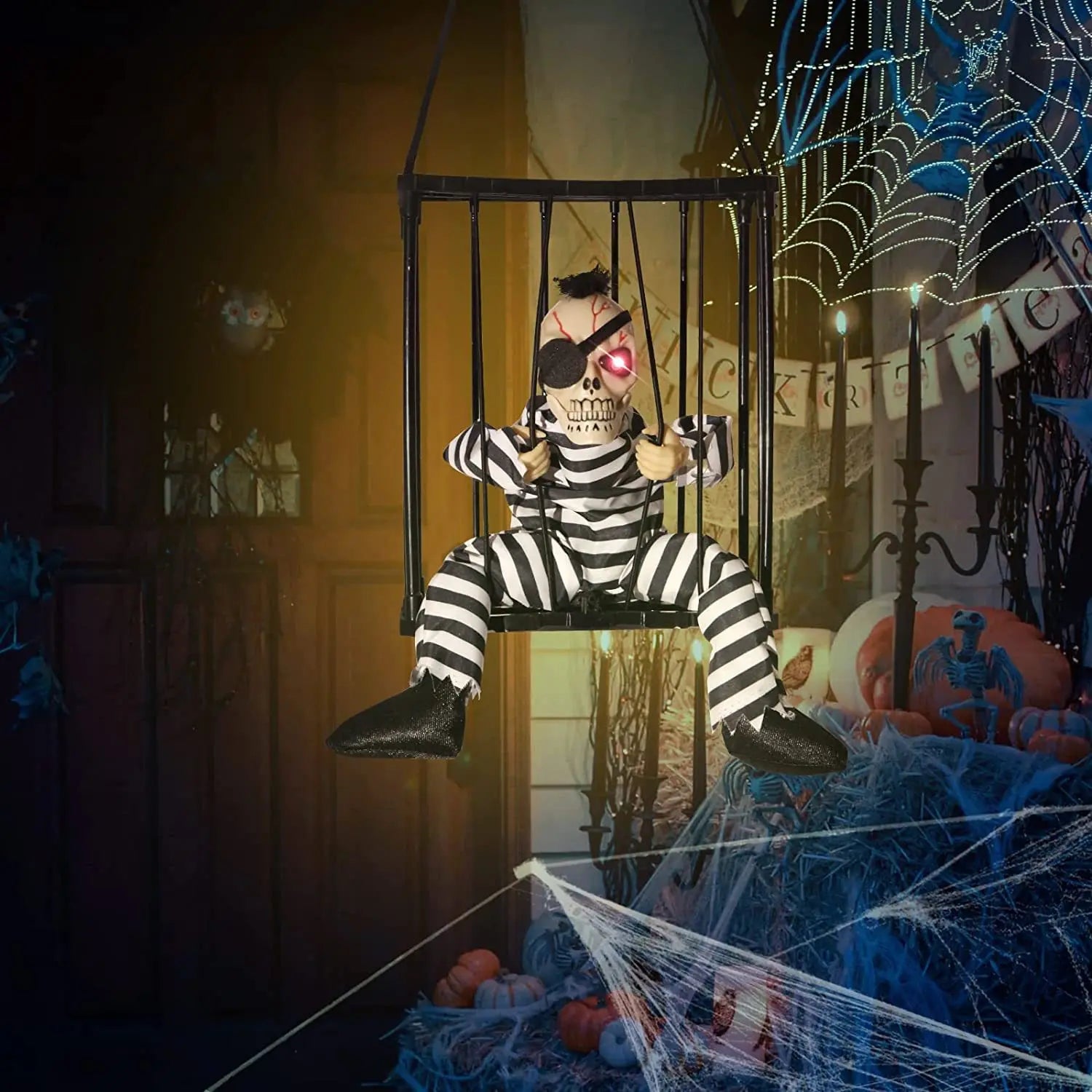 Halloween Decoration Prisoner Ghost In Cage Scary Skull Prop Electric Skeleton Toy Glowing Eye Sound Doll Hangable Talking Ghost