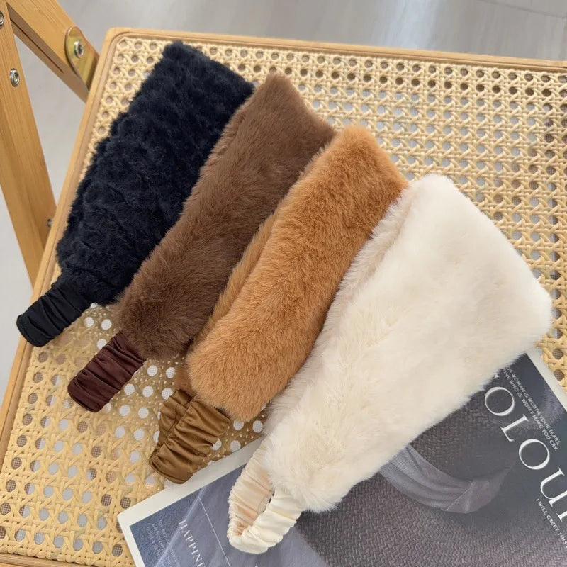 Winter Wide Headband Rabbit Fur Hairband Elastic Windproof Warm Ear Protection Women Hair Accessory for Cold Weather Styling
