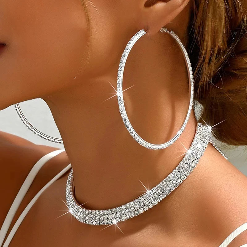 Fashion Crystal Necklace Earrings Set For Women Shining Chunky Necklace Big Hoop Earrings Sets Jewellery Women Wedding  Jewelry