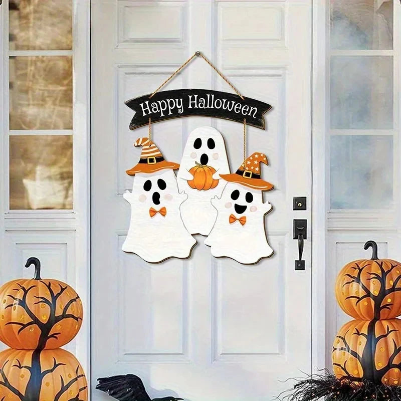 Halloween Wooden Hanging Sign | Multi-Color Festive Decor with Ghosts in Costumes & Pumpkin Design | Bohemian Style Wall Art