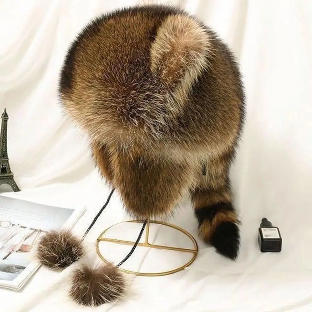 Winter Hat for Kids Adults Racoon Shape Outdoor Cap Faux Fur Thermal Isolation Windproof Unisex Furry Ball Decor Headwear