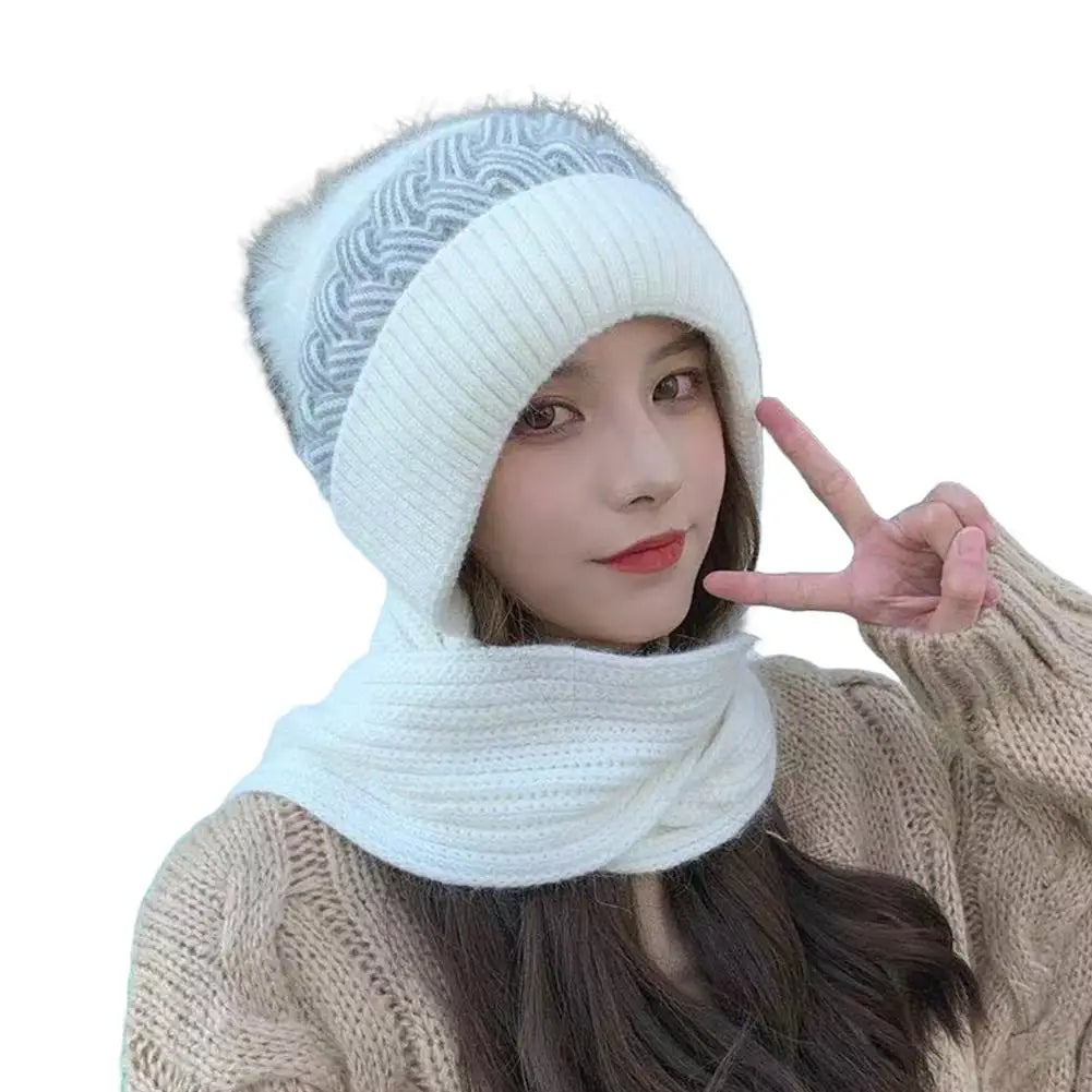 Winter Hat Scarf Set Women's Integrated Snow Cap with Fleece Lining Thickened Wool Knitted Beanie with Ear Protection Accessory