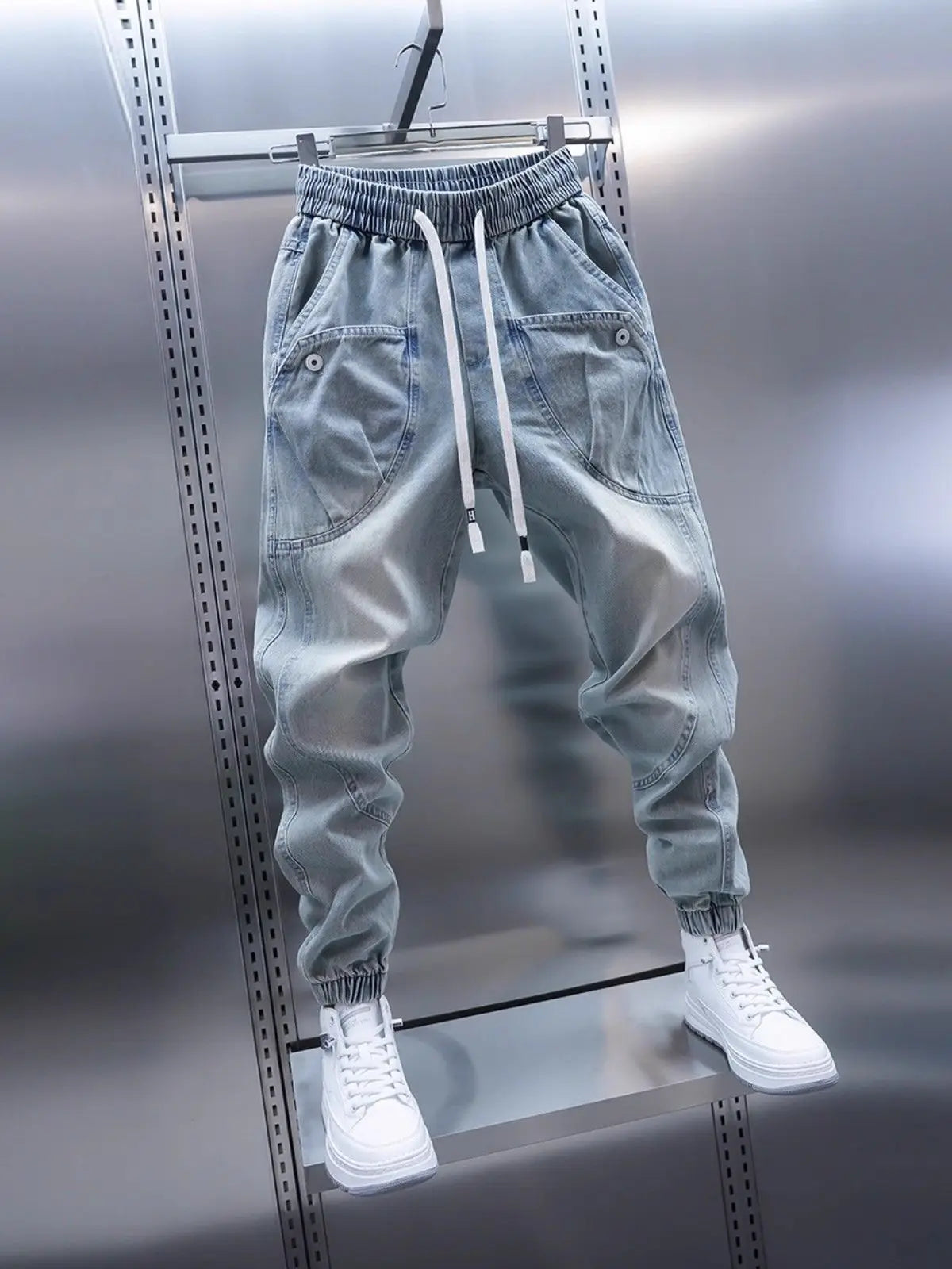 Waed Denim Jeans Men's Spring Autumn Large ket Harlan Casual Pants Blue Trendy Trousers Straight Leg Loose Fit Jeans