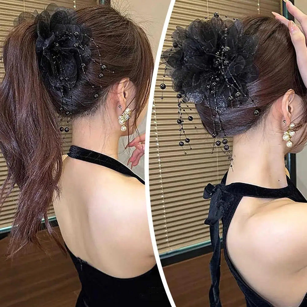 Women Fashion Hair Accessories Girls Flower Hair Claw Pleated Organza Pearls Black Feather Grip Shark Hair Clip Female Headwear