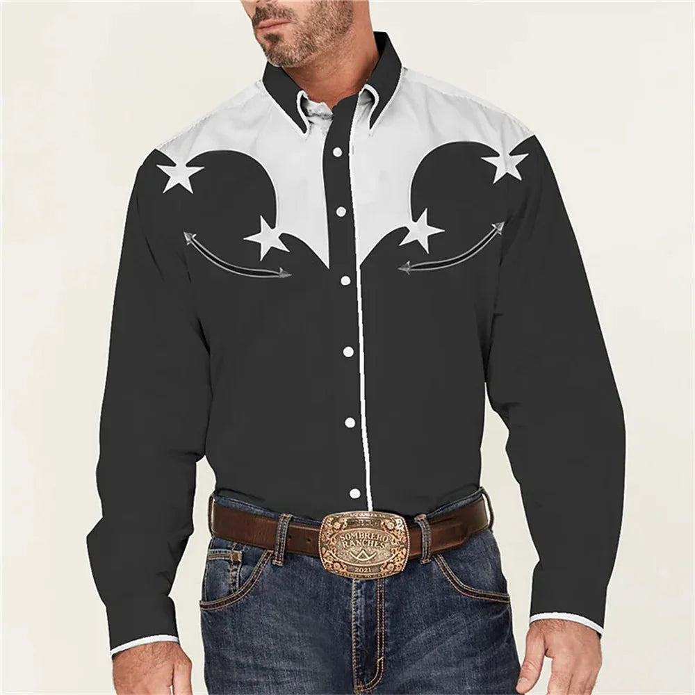 Men's Western Printing Shirt Retro Black Outdoor Street button long -sleeved fashion street clothing designer casual 2023