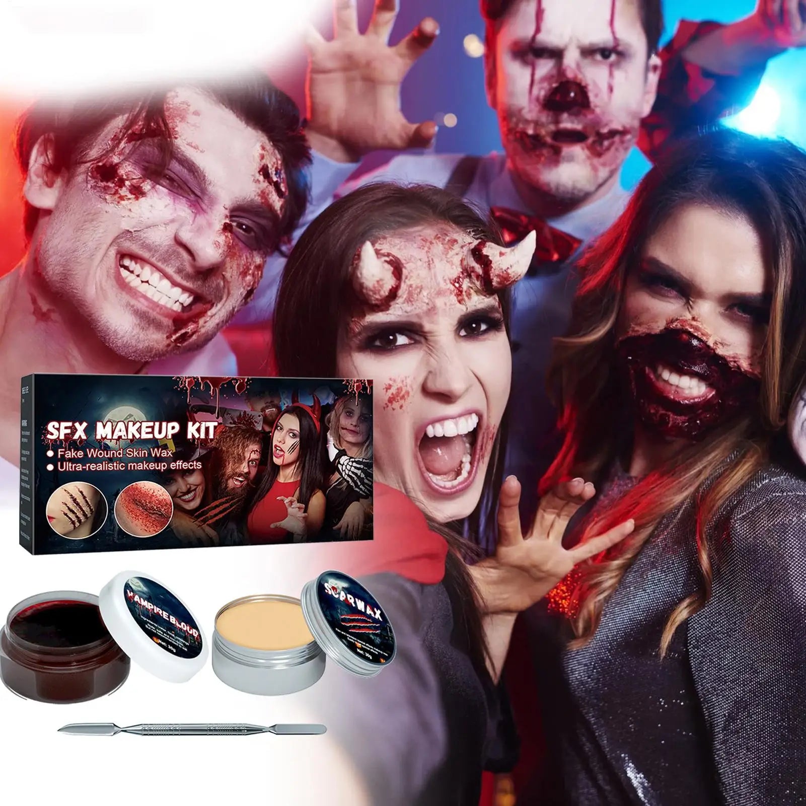 2-in-1 Halloween Makeup Kit, Washable Special Effect Cosmetics for Body Painting Eyebrow Nose Wound Role-Play Zombie Theater