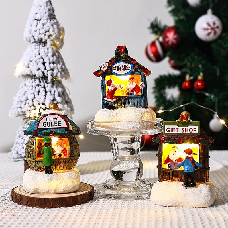 Christmas Decorations Resin Miniature LED Lights Small House Landscape Santa Claus Christmas Figurines Home Table Decor Items