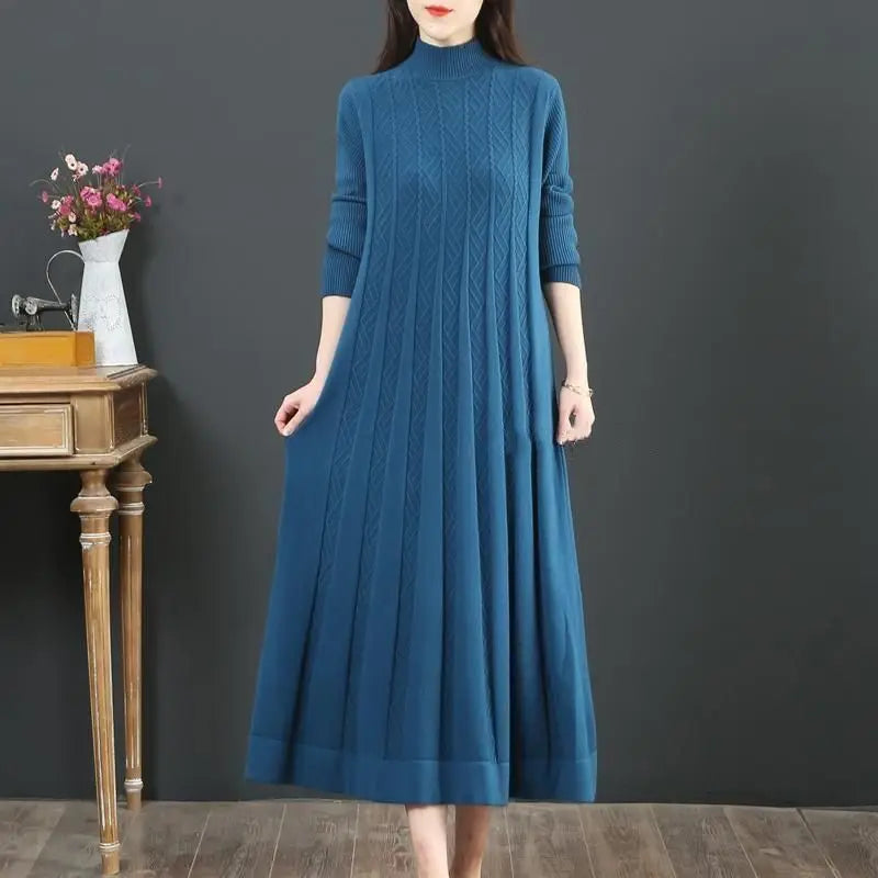 Autumn Winter New Cashmere Knitted Dress Women Half High Collar Sweater Dress Female Loose Pullover Mujer Vestidos