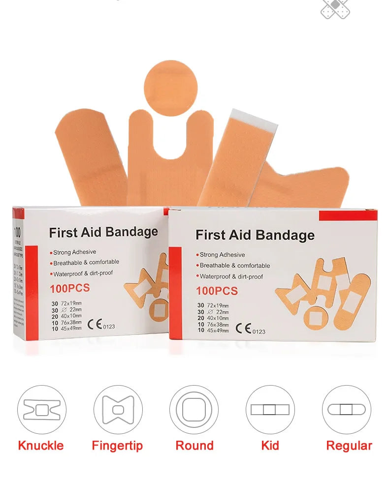 100Pcs/Pack Waterproof Band-Aids Bandages First Aid Medical Anti-Bacteria Wound Plaster Multi Size Home Travel Emergency Kits