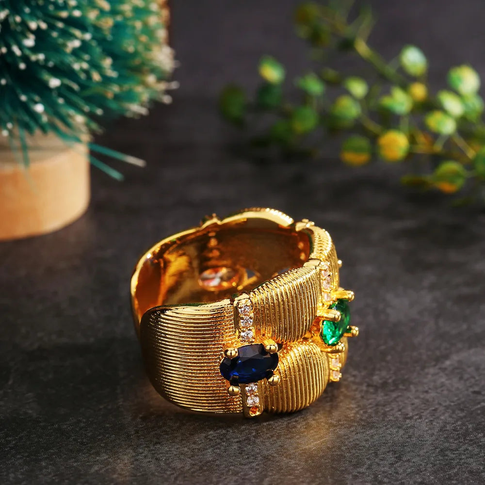 Popular Stainless Steel Rainbow Gemstones Wide Open Bracelet Bangle/Band Ring Knitted Handmade Luxury AU750 Women Jewellery Set