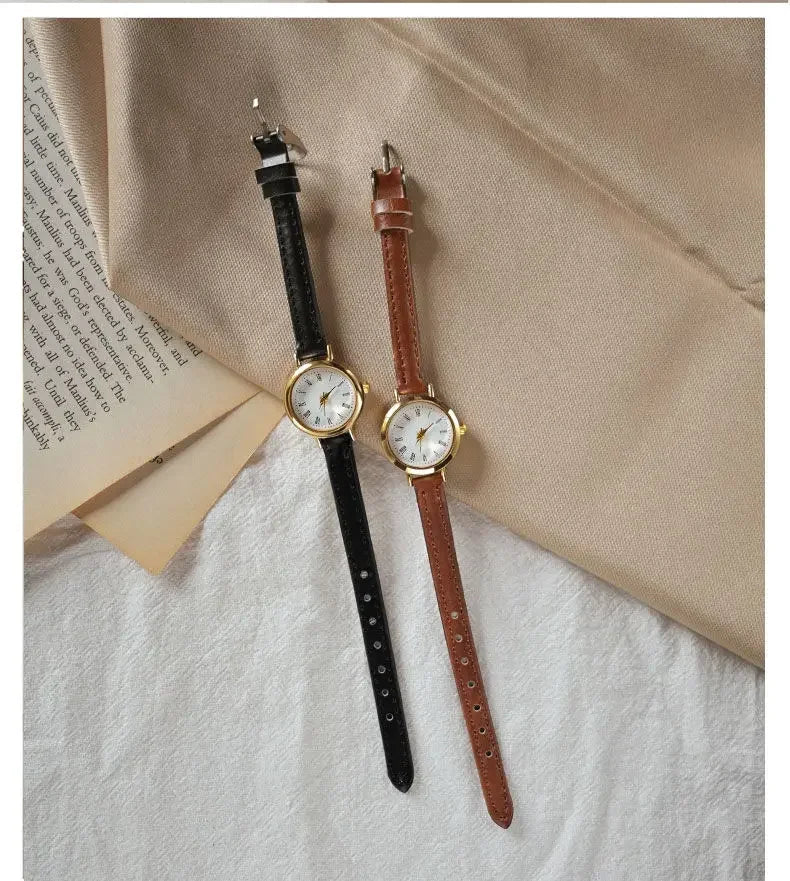 Women Brown White Small Round Watches Versatile Thin Strap Leather Band Ladies Quartz Watch Wristwatch Clock Reloj Mujer