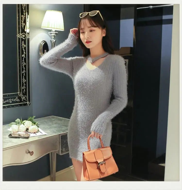 Women's Autumn Winter y2k Dresses Casual Korean Fashion Clothing Slim Mini Sweater Dress White Black Knitted Bodycon Vestidos