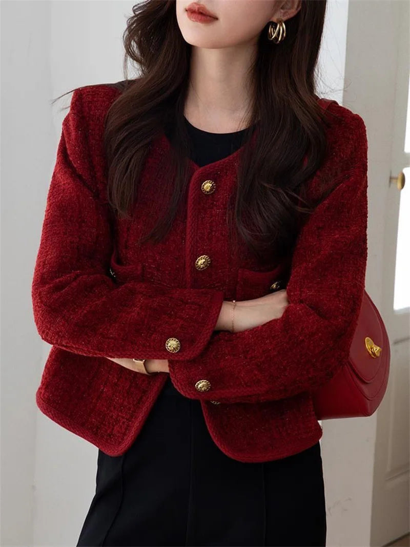 Wine red Coat Women Xiaoxiangfeng Jacket  Autumn and Winter New Short Jackets Elegant Women's Top