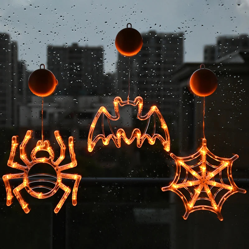 Halloween Orange Window Light Orange Pumpkin Ghost Witch Hat Design LED Sucker Lamp Bar Home Party Hanging Decor Without Battery