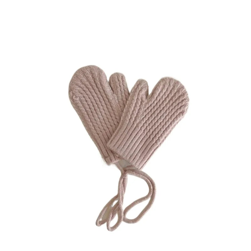 Winter Wool Children Mittens with Straps Knitted Finger Warmer Gloves for Girls Boys Solid Color Kids Accessories 4-10 Years Old