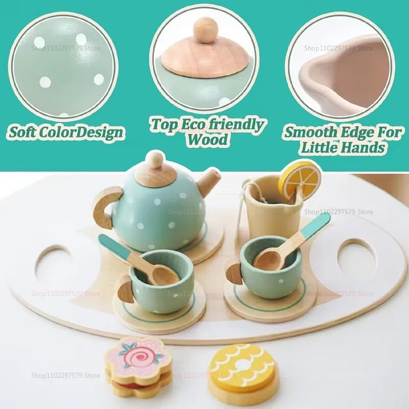 Kids Wooden Afternoon Tea Set Toys Kitchen Accessories Tea Party Food Play Early Educational Toys for Toddlers Girls Boys Gifts