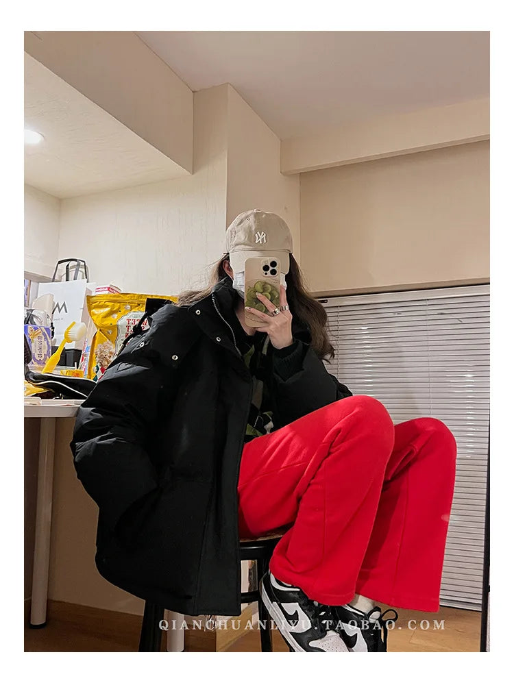 Women's Down Cotton Jacket Hooded Coat Winter Cotton Comfortable Thick Warm Love Embroidery Loose Jacket Snow Coat Clothing