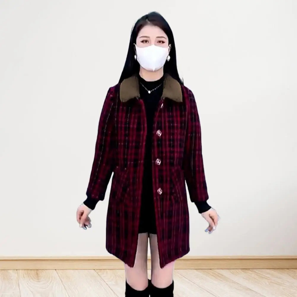 Women Plaid Coat Checkered Winter Mother Jacket Pockets Turn-down Collar Single-breasted Mid Length Overcoat Mid-aged Women Coat