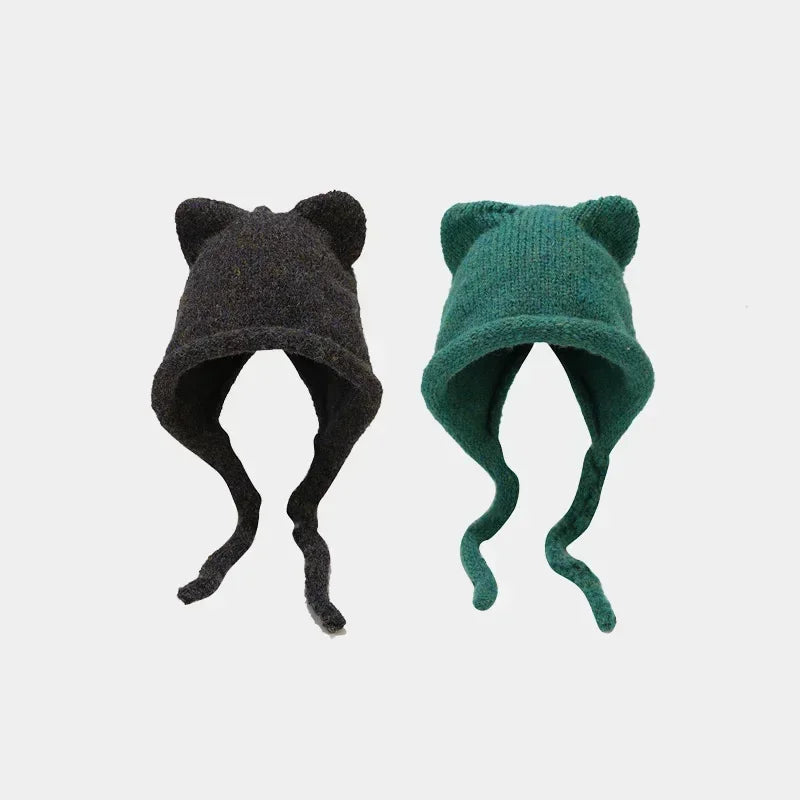 Winter Hat For Women Men Skullies Beanies Solid Color Korean Cute Cat Ear Warm Wool Ear Protection Knit Pullover Strap Cap Y2K
