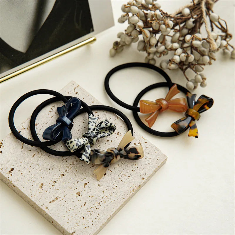 Fashion Korean Style Acetic Acid Acrylic Bow Hair Tie Leopard Tortoise Plastic Bowknot Elastic Hair Band Women Ponytail Holder