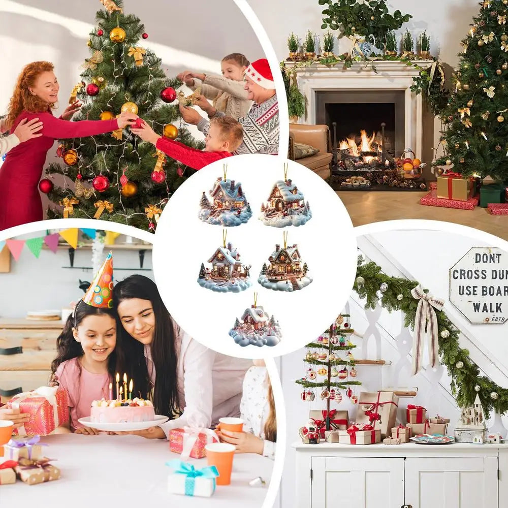 Christmas Small Village House Pendant Creative Winter Snow House Xmas Tree Hanging Ornament 2025New Year Gift Home holiday Decor